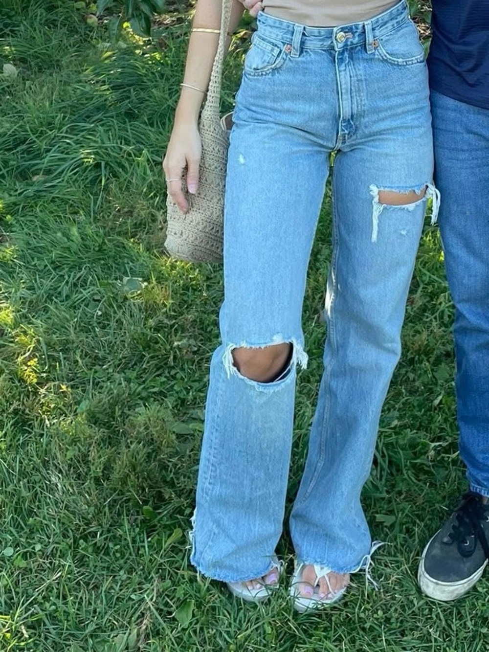 Zara Light Blue Distressed Wide-Leg Jeans